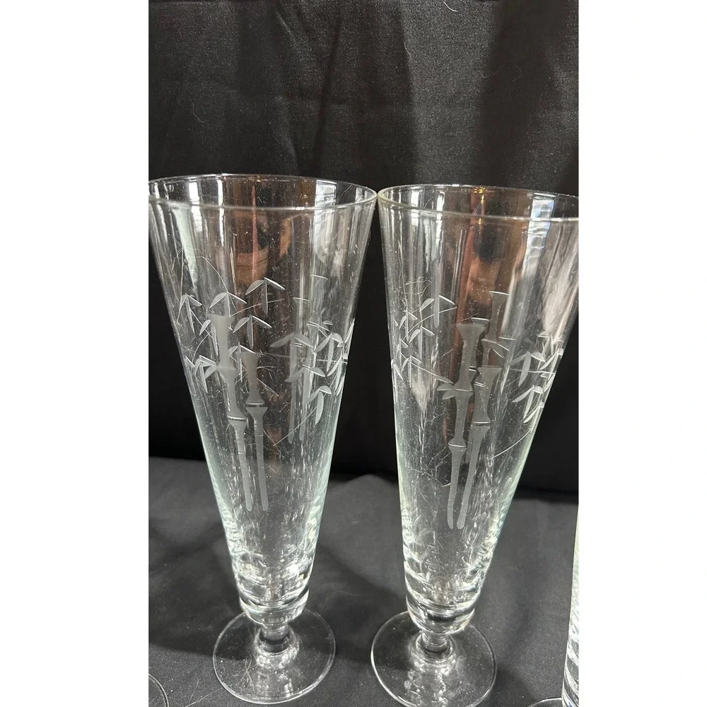Set of 6 Vintage Bamboo Etched Footed‎ Glasses Champagne Flutes Tall Pilsner MCM